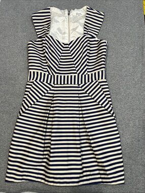 PINK MARTINI navy and tan stripes midi dress with pockets, size M